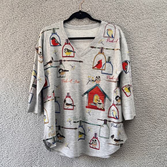 Blouse S small Gray multicolor Womens Top Bird Soft Knit 3/4 sleeve V neck USA - Picture 2 of 9